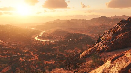 Exploring Desert Canyon Landscape at Sunset with Flowing River and Rock Formations