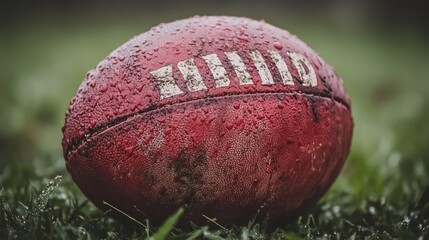 Wet Red Rugby Ball Lies On Ground, Close Up Of A Rugby Ball Covered In Water Droplets