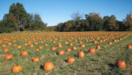 Expansive pumpkin patch under a bright autumn sky
