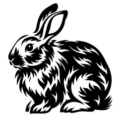Stylized Black and White Rabbit Illustration with Intricate Fur Details
