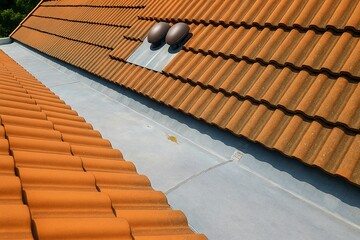 Inspection d&rsquo;une noue de toiture en tuiles rouges sous un soleil &eacute;clatant