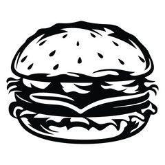 Monochrome black and white image depicts a stylized delicious looking hamburger
