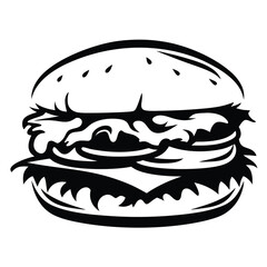 Delicious black and white hamburger illustration with sesame seeds on a bun