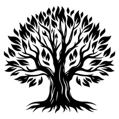 Bold monochrome tree of life silhouette with branching patterns and roots