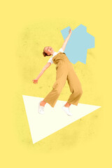 Collage of cheerful young man woman energetically among bright geometric shapes symbolizing...