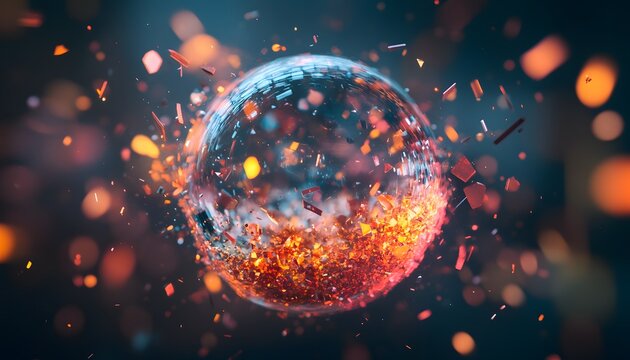 Abstract sphere exploding with vibrant colors.