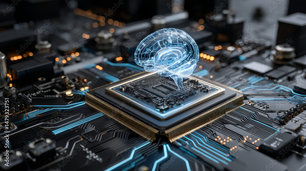 Poster processor with integration ai. ai letters on chip. cpu connected to motherboard . artificial intelli