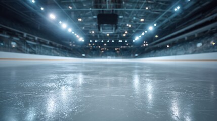 Empty ice rink with a smooth surface, viewed from the stands, under soft lighting. A serene and minimalist sports moment.
