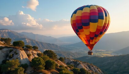 Fototapeta premium Colorful hot air balloon soaring over scenic landscape, air, flying
