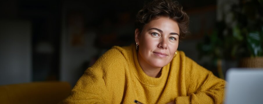 Confident plus-sized woman with short hair focused on work assignments in cozy setting
