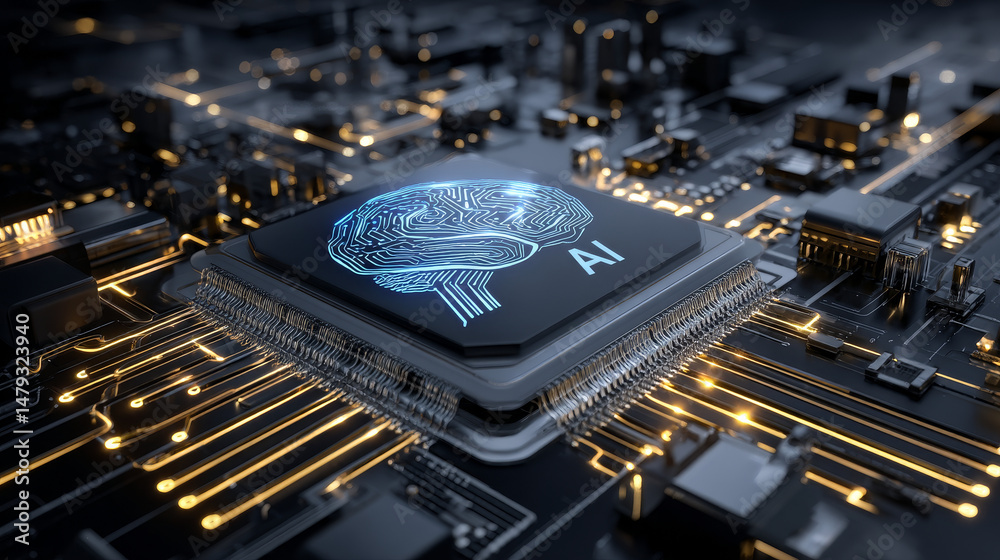 Poster processor with integration ai. ai letters on chip. cpu connected to motherboard . artificial intelli