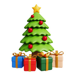 Christmas tree with gifts for christmas holiday decoration 3d rendered illustration on transparent background