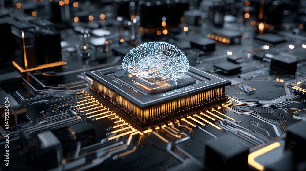 Poster processor with integration ai. ai letters on chip. cpu connected to motherboard . artificial intelli