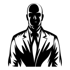 Silhouette of a bald man in a suit with a bold graphic style