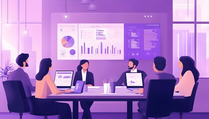 Business team gathered in a modern meeting room.