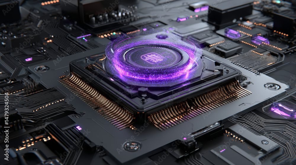 Poster processor with integration ai. ai letters on chip. cpu connected to motherboard . artificial intelli