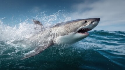 Fototapeta premium Powerful great white shark breaching ocean waves.