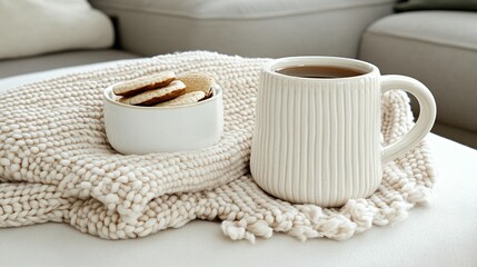 Cozy afternoon tea with cookies on a knitted throw. A warm, light-colored mug of tea sits beside a small bowl of cookies on a soft cream-colored knitted blanket
