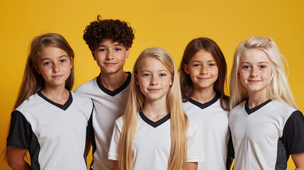 Diverse group of children in matching sports uniforms against vibrant yellow background. Five smiling kids wearing white jerseys. Youth team spirit and friendship. School sports and teamwork values