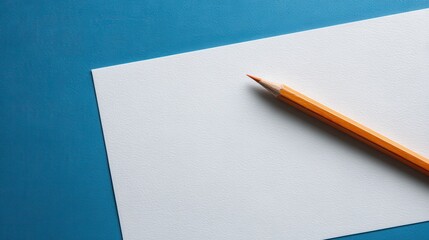 A 4K photo of blank white paper with a pencil placed on top against a blue background offering space for adding text or images. with copy space image. Place for adding text.
