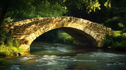 Picturesque stone arch bridge over a flowing stream.