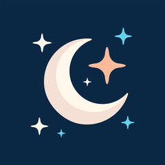 Crescent moon nestled among the stars cartoon flat design illustration