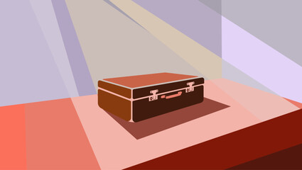 Old suitcase on bed, flat color illustration