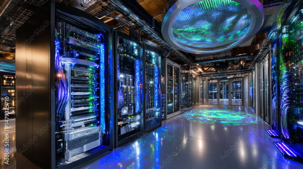 Poster data center abstract background. interior of server room. digital information warehouse. web hosting