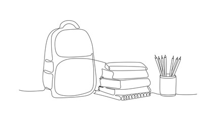school set consisting of a backpack school stack of books and pencils in an organizer drawn with one continuous line of black color line art on a white background. concept back to school