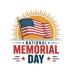 National Memorial Day Graphic with USA Flag and Sunburst Background