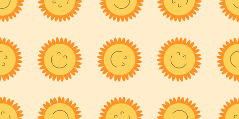 Playful summer background with smiling suns. Seamless bright pattern designed for baby clothes, kids prints, textiles, wrapping, or nursery wallpaper. Light, warm, and joyful vibe
