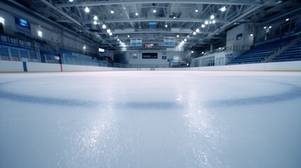 Obraz premium Empty ice rink with a smooth surface, viewed from the stands, under soft lighting. A serene and minimalist sports moment. 