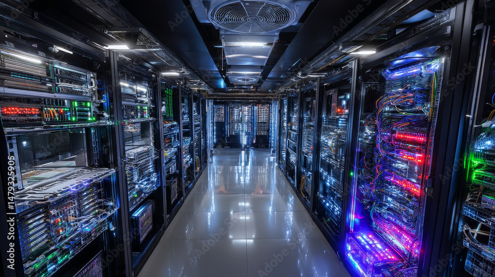 Poster data center abstract background. interior of server room. digital information warehouse. web hosting