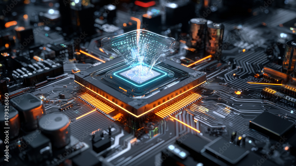 Fototapete processor with integration ai. ai letters on chip. cpu connected to data storage. artificial intelli