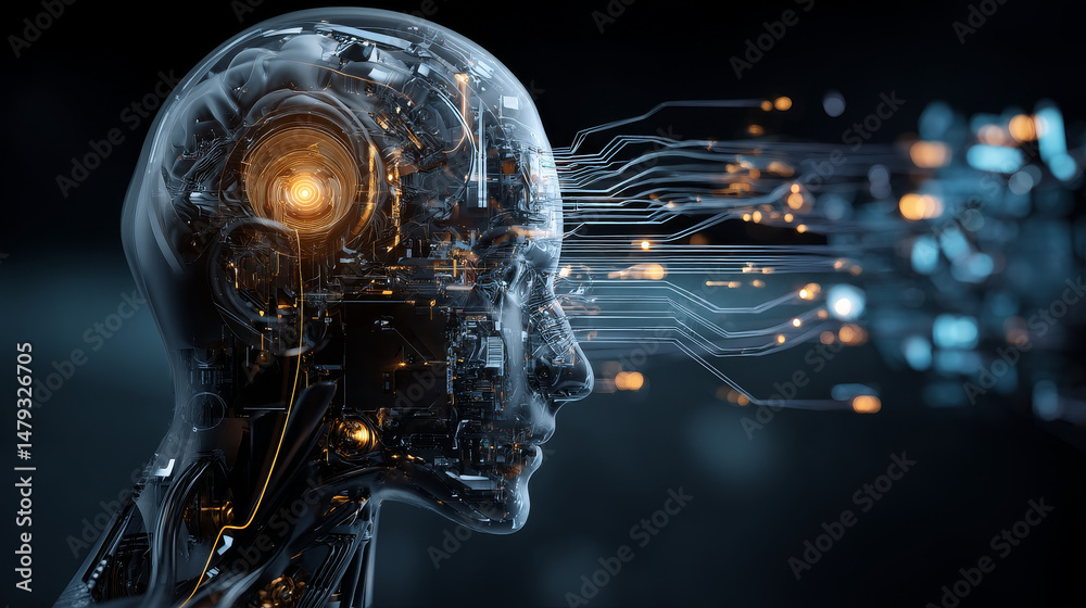 Poster artificial intelligence analyzes abstract information and digital data on a virtual graphical interf