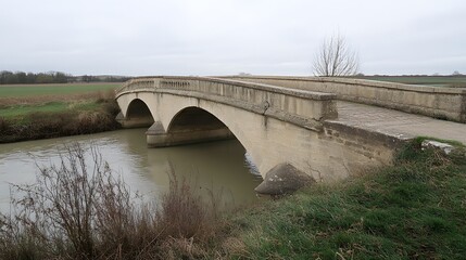 Fototapeta premium A muted stone arch bridge spanning a tranquil waterway.