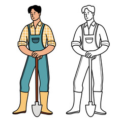 Men Farmer with garden tool Shovel. Male Gardener set. Isolated Color and Outline linear hand drawing. Vector illustration