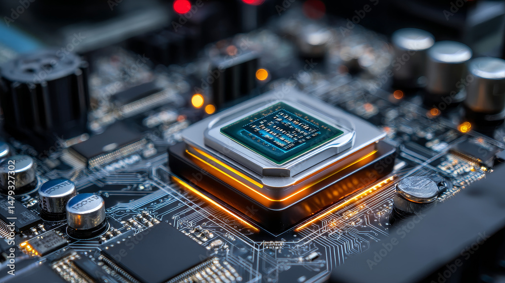 Poster cpu. abstract digital chip computer processor and electronic components on motherboard or circuit bo