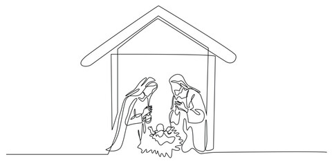 continuous line drawing of the birth of jesus christ. single line drawing of joseph and mary kneeling beside baby jesus. line art drawing of the birth of jesus in straw in a stable