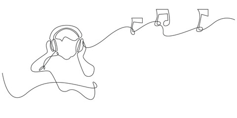 continuous line of child listening to music with headset.single line vector illustration of child with headphone and musical notation.