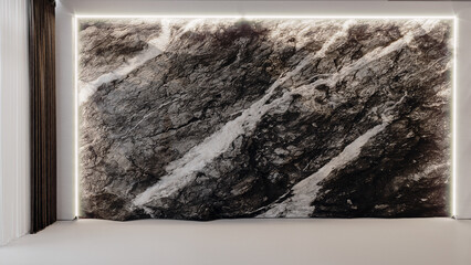 Modern cozy living room and stone wall texture background interior design. 3d rendeing
