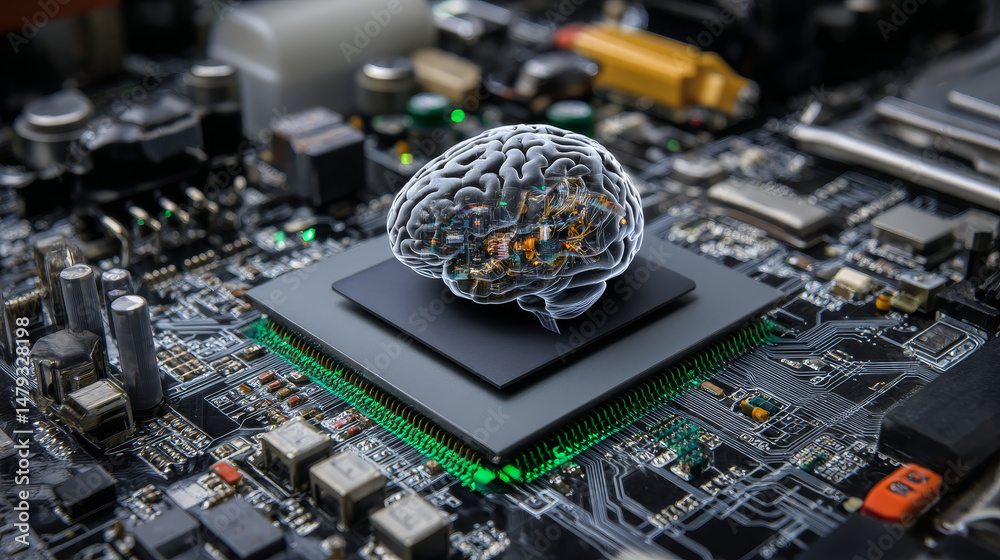 Poster cpu. abstract digital chip computer processor and electronic components on motherboard or circuit bo