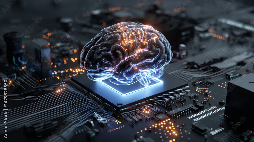 Poster computer cpu chip or processor on motherboard processes data. electronic microchip technology. abstr