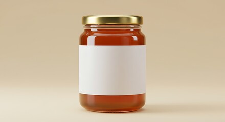 Honey jar with blank label mockup on beige background for branding