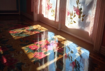 Fototapeta premium Sunlight casts floral shadows on a glossy floor.