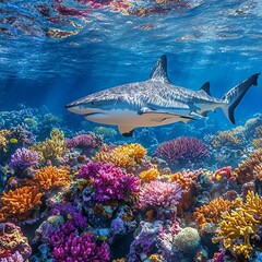 Fototapeta premium Shark Near Vibrant Coral Reef Underwater high resolution for isolate image