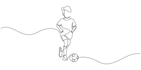 continuous line drawing of boy playing ball.single line drawing of boy dribbling ball on field.line art drawing of competition,football championship,football school