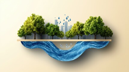 Illustration of Environmental Conservation with Lush Green Trees Above and Clean Water Below with Raindrops and Cloud Symbols for Ecological Awareness