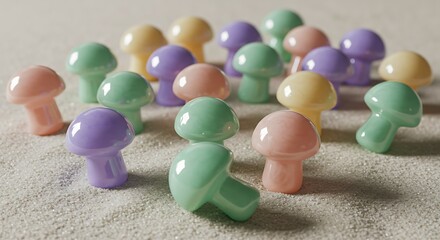 Pastel mushroom beads scattered on a textured surface