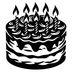 Delicious birthday cake with dripping icing and lit candles on top